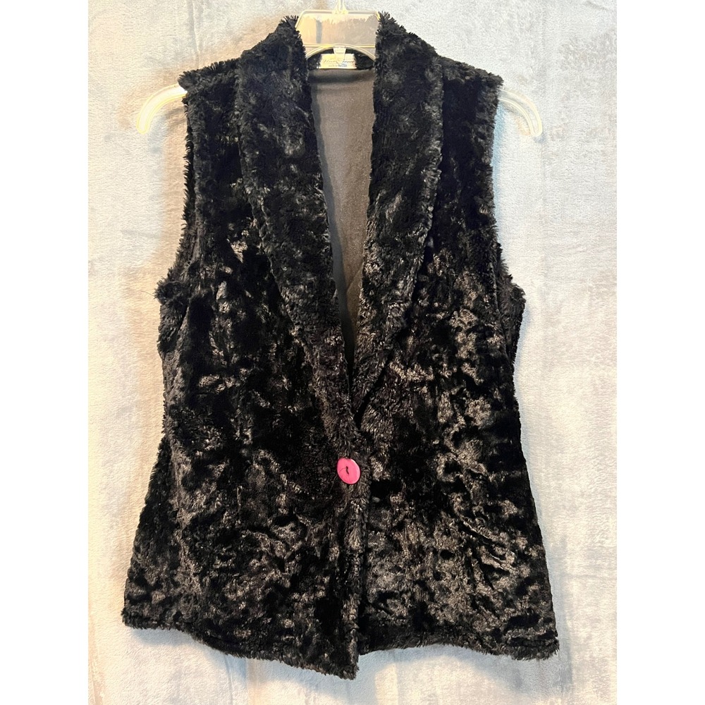 Vine Street Black Faux Fur Vest Women's XL Made in‎ USA Pink Button Closure